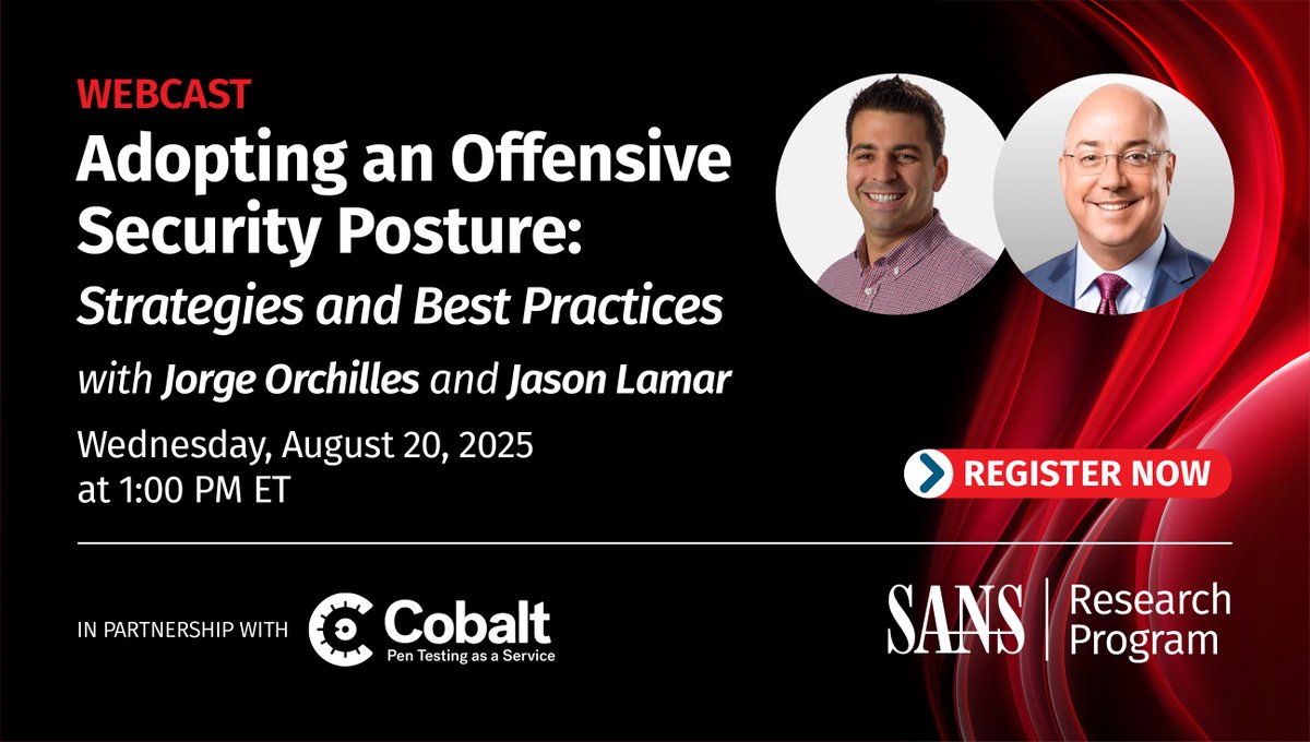 SANS Cyber Defense 🧢 (@sansdefense) on Twitter photo Hackers don’t wait. Why should you?
Join <a href="/jorgeorchilles/">Jorge Orchilles</a> and Jason Lamar to discover how offensive security can help you get ahead of threats—before they hit.
🗓️ Aug 20 | 1:00 PM EDT
Register now 👉 sans.org/u/1BYX Hackers don’t wait. Why should you?
Join <a href="/jorgeorchilles/">Jorge Orchilles</a> and Jason Lamar to discover how offensive security can help you get ahead of threats—before they hit.
🗓️ Aug 20 | 1:00 PM EDT
Register now 👉 sans.org/u/1BYX