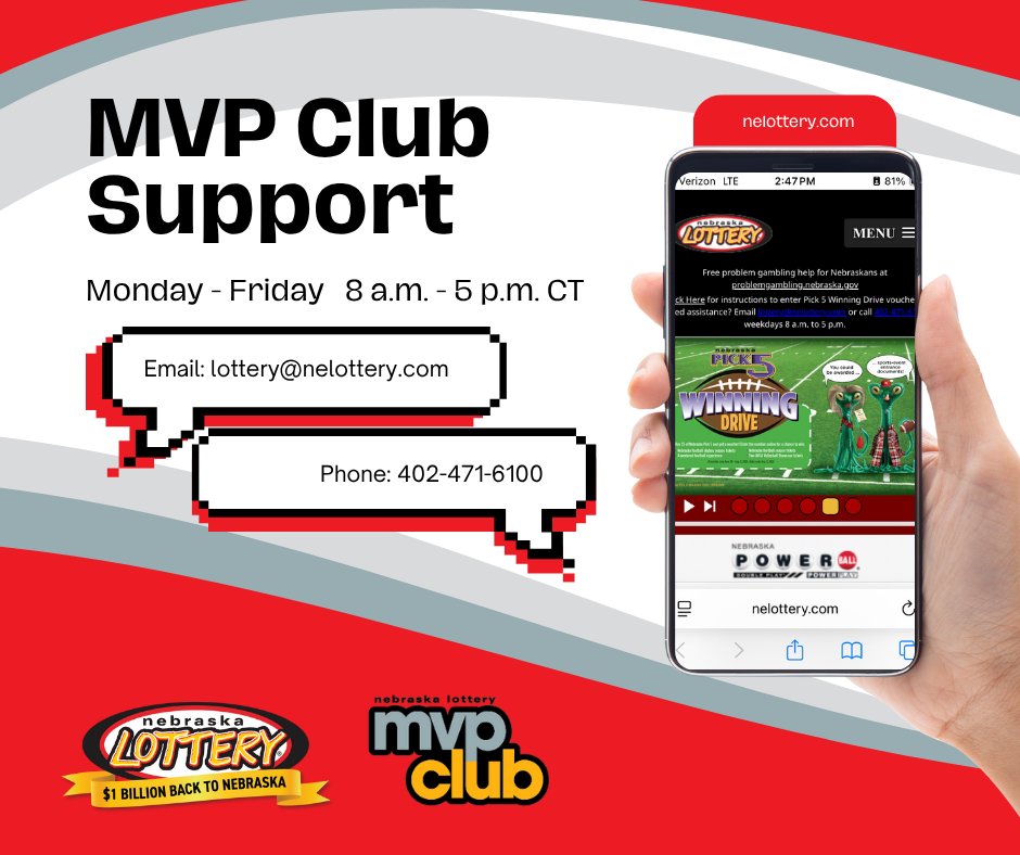 If you need help entering Nebraska Pick 5 Winning Drive vouchers with your MVP Club account, use the Password Assistance tool on our website or contact us Mon. - Fri. 8 a.m. - 5 p.m. CT.
