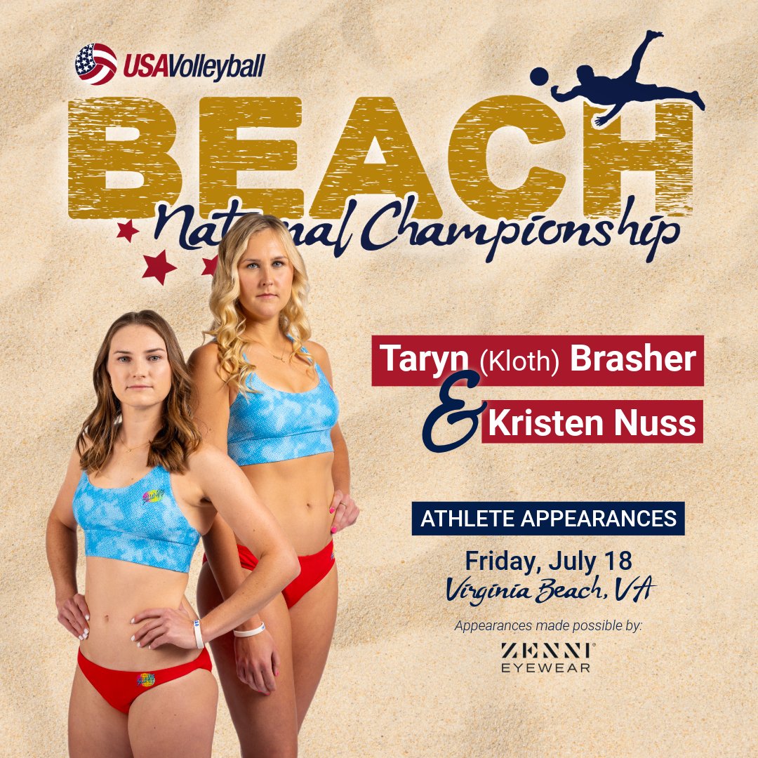 USAVBeach's tweet image. Just days away from the 2025 Beach National Championship in Virginia Beach and weโre bringing the ๐ฅ. Meet Olympians Taryn Brasher & Kristen Nuss at the Zenni booth on July 18. You wonโt want to miss it!
Last day to register is Monday!
๐ to sign up: go.usav.org/40a8zgH
