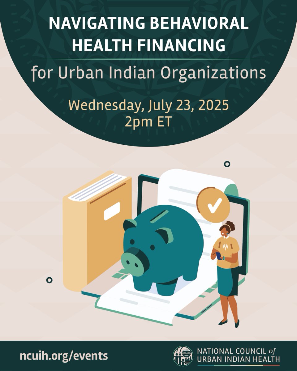 NCUIH_Official's tweet image. Join us on Wednesday, July 23 at 2 p.m. ET for a webinar on behavioral health financing for Urban Indian Organizations. Learn practical tools to help sustain and grow your programs. Register at buff.ly/Xg2EW5P.