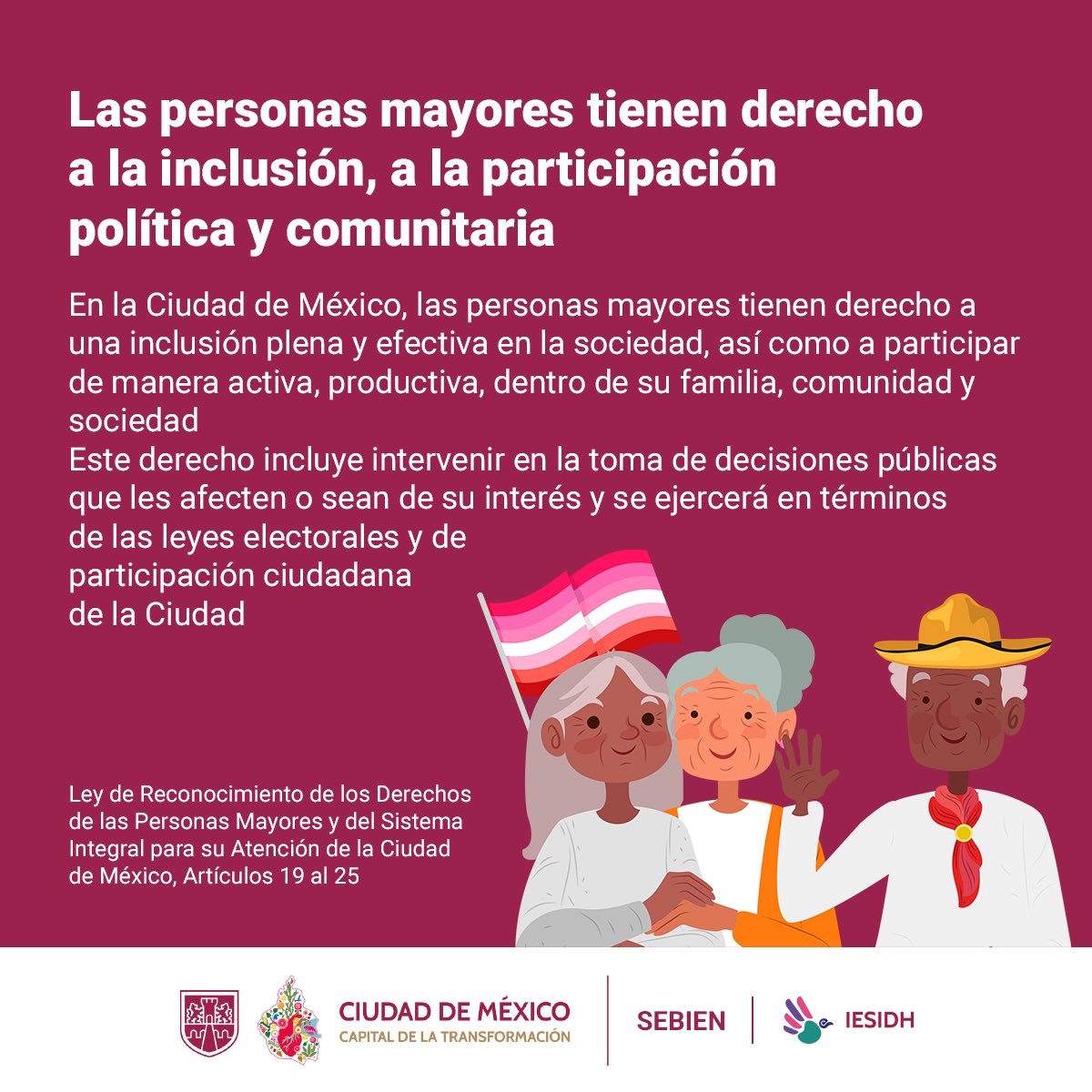 PDHCDMX's tweet photo. 💡¿#SabíasQué?
En la #CapitalDeLaTransformación 🫶🏻✨ las #PersonasMayores 👵🏻👴🏻 tienen derecho a la inclusión, a la participación política y comunitaria. #ConoceMas en:
https://t.co/yCLuniKJU0
#IESIDH 
#DerechosHumanos 
#CDMX
#CiudadDeDerechos https://t.co/YNazqs2SFa