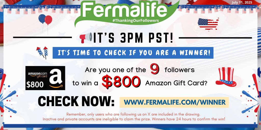 fermalife's tweet image. ✨🇺🇸 IT'S 3PM PST---It's time to check if you are a winner of our monthly #ThankingOurFollowers drawing for 9 random followers to win a $800 #AmazonGiftCard💰CHECK NOW: fermalife.com/winner (Winners have 24 hrs to confirm their win!) 💯