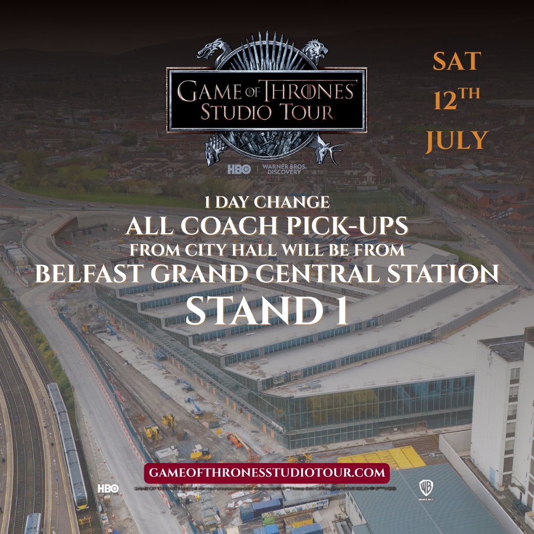 🚍 Important Notice: Temporary Bus Stop Change – 12th July

On Friday, 12th July 2025, our Belfast pick-up location will move from City Hall (Outside Visit Belfast) to Belfast Grand Central Station for one day only, due to local parades.