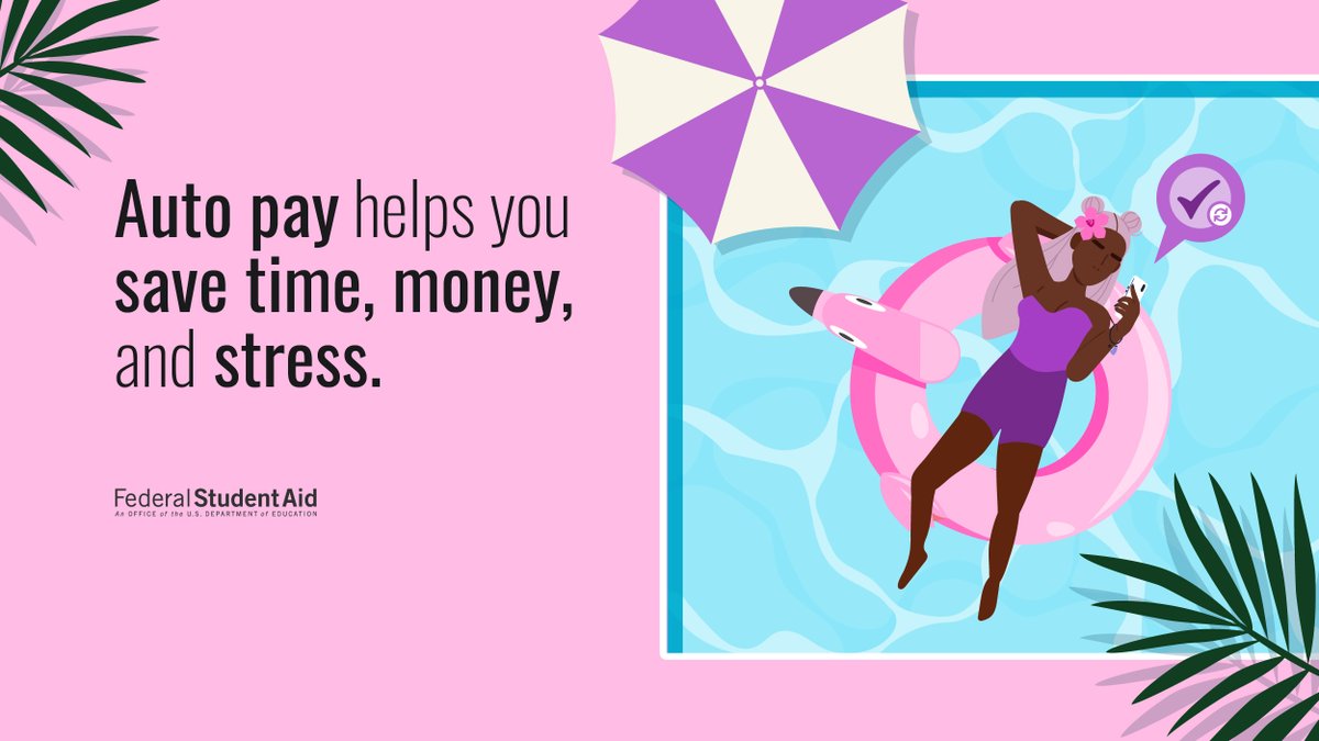 FAFSA's tweet image. Benefits of auto pay:
Guaranteed on-time student loan payments ✅
0.25% discount on your interest✅
Visit your student loan servicer’s website today to enroll in auto pay.
