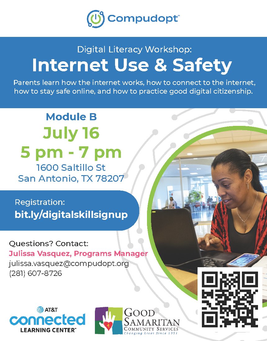 GoodSamTX's tweet photo. 🗓️ SAVE THE DATE: Compudopt is hosting a digital literacy workshop about Internet Use &amp; Safety for parents on July 16th at Good Sam! 

📅: Wednesday, July 16th 
⏰: 5 P.M. - 7 P.M. 
📍: Good Sam Center (1600 Saltillo St.) 

Register at https://t.co/UuwTZ5YIke https://t.co/MRA8ewnmLP