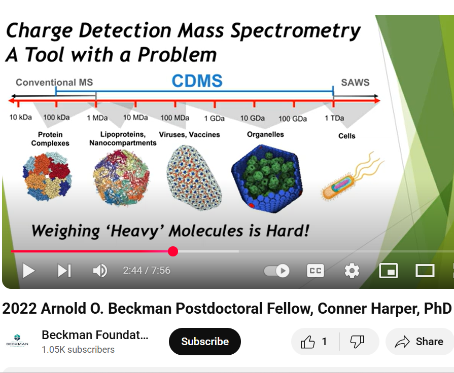 In this video, 2022 Arnold O. Beckman Postdoctoral Fellow, Conner Harper, PhD talks about charge detection mass spectrometry (CDMS), new instrumentation, opportunities for collaboration, and the Beckman experience. ow.ly/VrBg50WlQNX