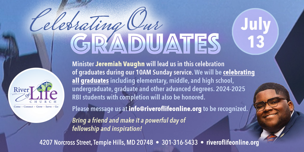 ConnectWithROLC's tweet photo. ๐ Celebrate our grads this Sunday, July 13 at 10 AMโfrom elementary to grad school + RBI students! ๐
๐ค Guest: Minister Jeremiah Vaughn
๐ River of Life Church
๐ง Email info@riveroflifeonline.org to be recognized
#ROLC #GraduationSunday #ClassOf2025 https://t.co/5cdqKv931N