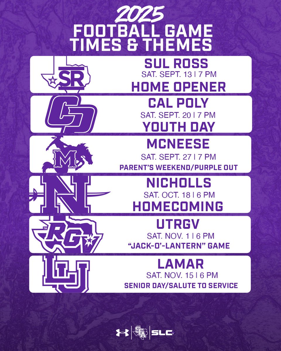 SFA Athletics Announces 2025 Football Game Themes

📰 : tinyurl.com/yndtheuz
🎟️ : tinyurl.com/2ccwu2ad

#AxeEm