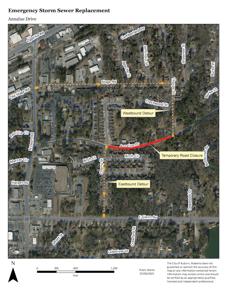 🦺 Annalue Drive will be closed between Cherry and Thorpe streets Monday through Friday, July 14-18, during an emergency stormwater culvert replacement.

Find more information ➡️ openline.auburnalabama.org