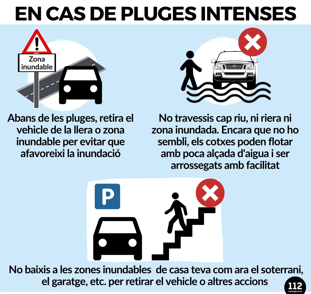 Davant la previsió de fortes pluges, #ProteccióCivil demanem:

✅️ Prudència en la mobilitat 🚗 i evitar desplaçaments innecessaris 

✅️ No travessar ni a peu ni amb vehicle zones inundables

✅️ Evitar fer activitats a l'aire lliure que ens puguin posar en perill

#INUNCAT