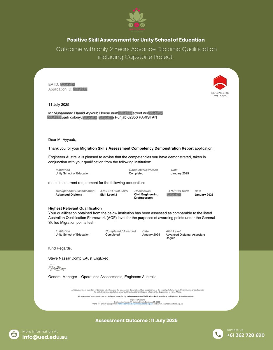 UnitySchoolD's tweet image. We’re proud to share a **Positive Skill Assessment** outcome from **Engineers Australia** for a student of **Unity School of Education
📩 [info@ued.edu.au]
📞 +61 362 728 690

#EngineersAustralia #MigrationSuccess #UnitySchoolOfEducation #SkillAssessment #AustralianEducation