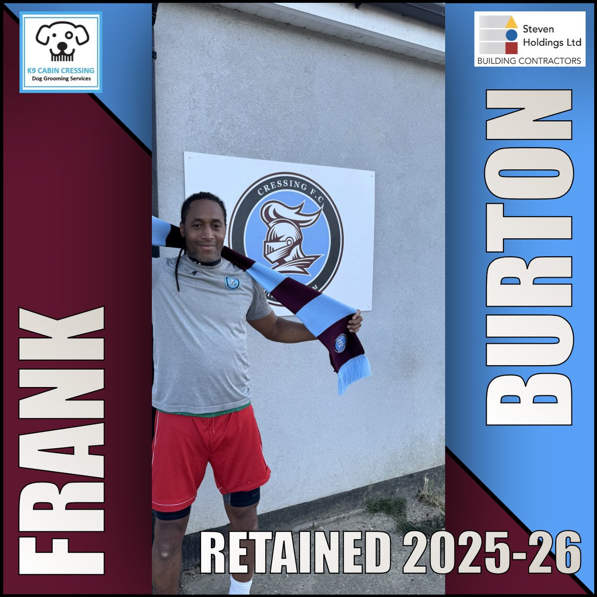 CressingFC's tweet image. RETAINED 2025/26 🤝

The OG Frank Burton returns for yet another season 💥

Up the Cressing!⚽️

#CressingFC
#K9CabinCressing
#StevenHoldingsLTD
#UTC