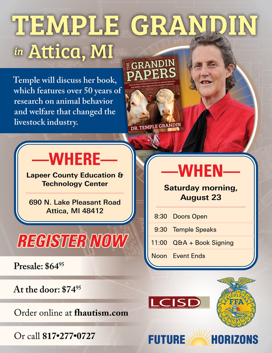 Temple Grandin LIVE in Attica, MI! Though not an autism event, this is a rare chance to explore the brilliant mind of a true animal science expert. Perfect for FFA, vets, ranchers &amp; more. Seats are limited—register now!   Sign up today!  tinyurl.com/temple-attica-…
