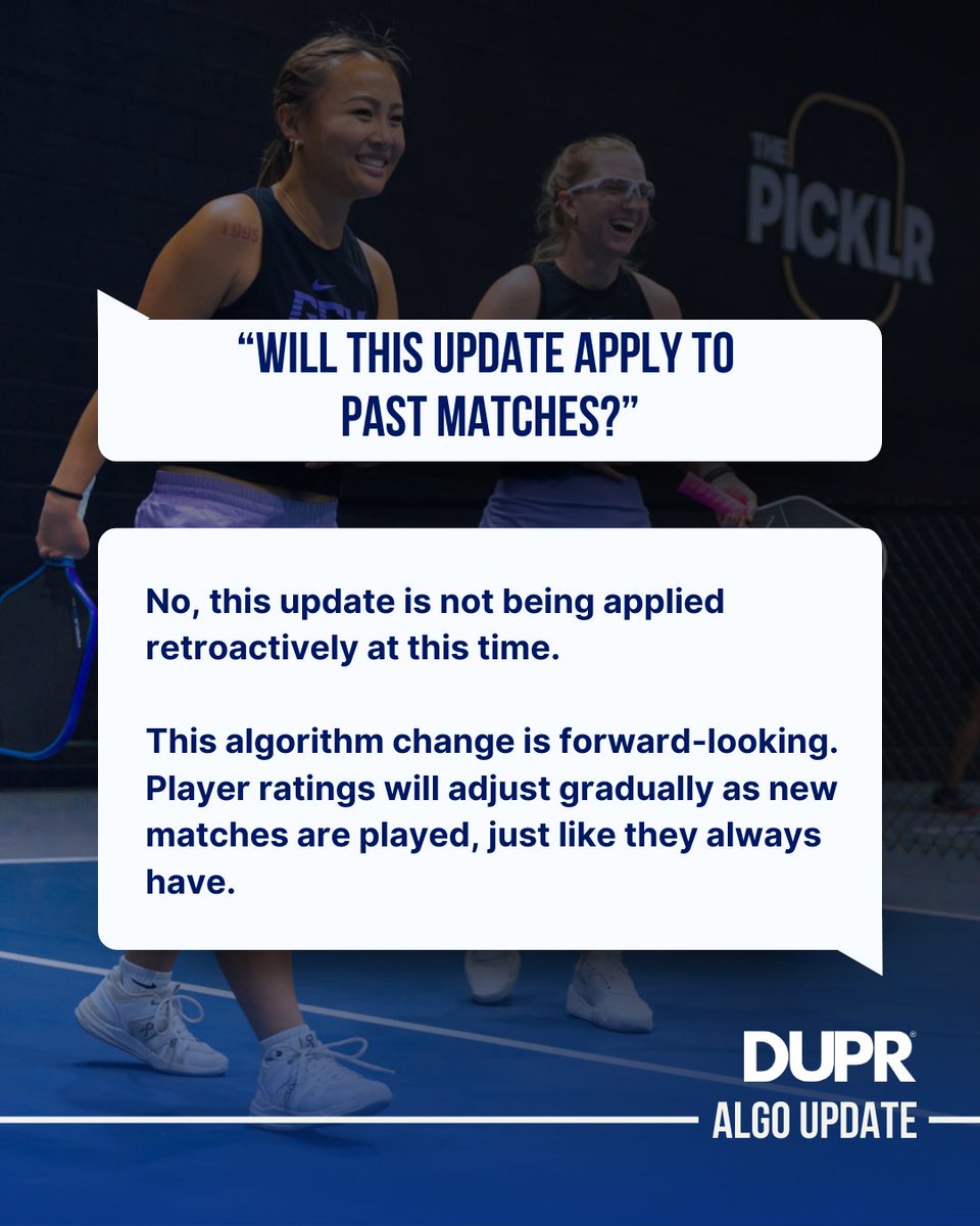 DUPRpb's tweet image. We’re thrilled by how many questions we received about the recent update — thank you to the entire pickleball community for the incredible response.

We’ve tried to cover as much as possible in this blog post - 🔗 dupr.com/post/dupr-algo…

#dupr #duprdata #algoupdate #pickleball