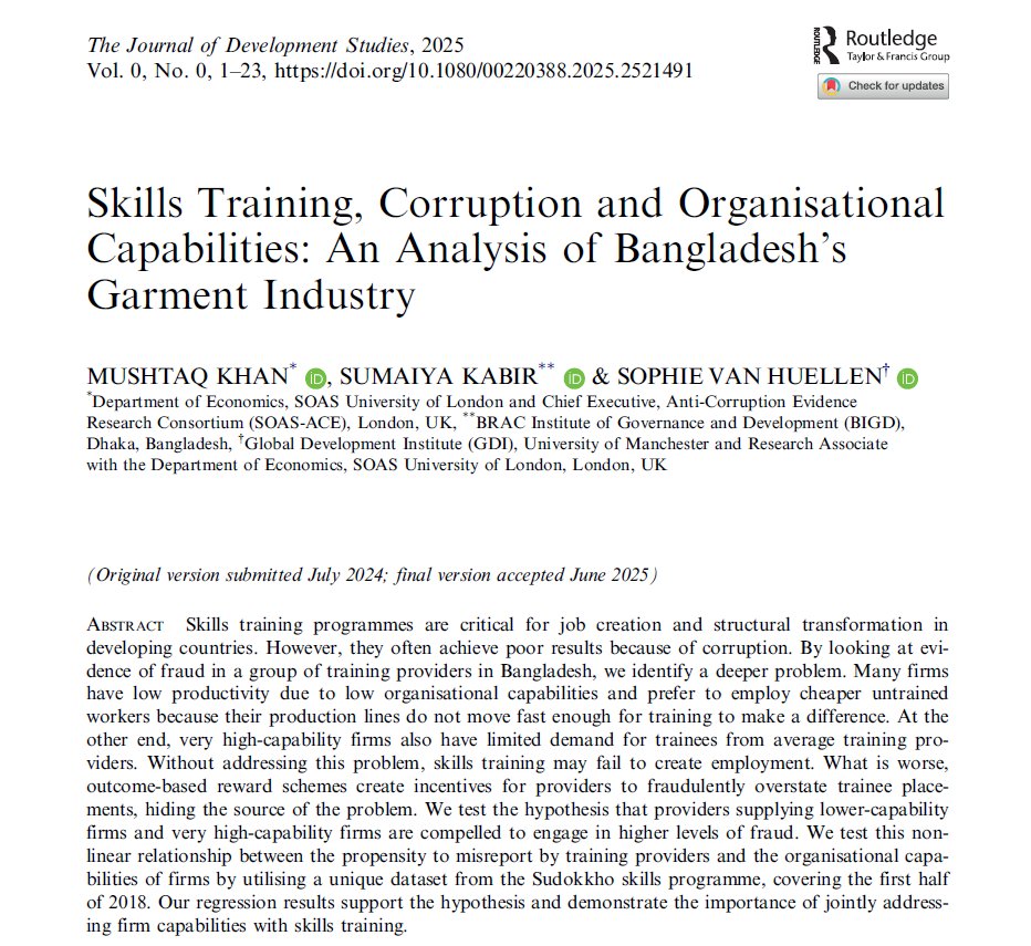 JDevStudies's tweet image. New in #JDevStudies!
Skills training in 🇧🇩’s garment sector often falls short not just due to corruption, but because many firms lack the organizational capacity to use skilled workers.👩🏭
Dig deeper👉🏼: doi.org/10.1080/002203…
@mushtaqkhan100 @S_vanHuellen