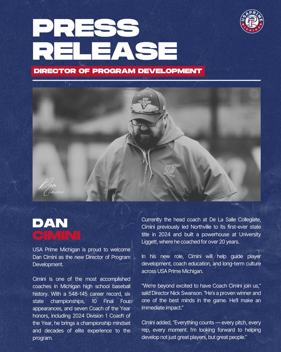 USA Prime Michigan Baseball & Softball (@usaprimemi) on Twitter photo 🚨 BIG NEWS 🚨
Please welcome <a href="/DanCimini1/">Dan Cimini</a> as our new Director of Program Development for the 2025/26 season!
🧢 6x State Champ
🏆 2024 D1 Coach of the Year
💯 548 career wins
One of the best minds in Michigan baseball is now PRIME.
#EverythingCounts #PrimeOnTop 🚨 BIG NEWS 🚨
Please welcome <a href="/DanCimini1/">Dan Cimini</a> as our new Director of Program Development for the 2025/26 season!
🧢 6x State Champ
🏆 2024 D1 Coach of the Year
💯 548 career wins
One of the best minds in Michigan baseball is now PRIME.
#EverythingCounts #PrimeOnTop
