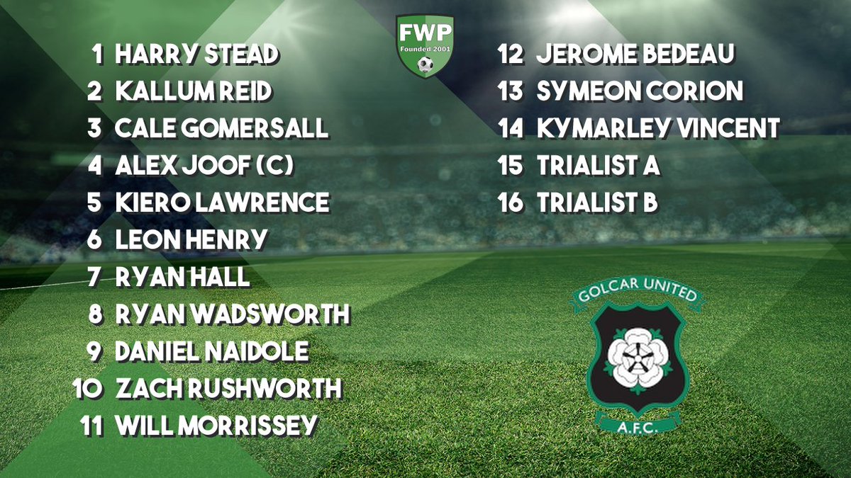 SPSFWP (@spsfwp) on Twitter photo GOLCAR UNITED: Stead Reid Gomersall Joof (C) Lawrence Henry Hall Wadsworth Naidole Rushworth Morrissey; SUBS: Bedeau Corion Vincent A B <a href="/PitchingIn_/">Pitching In</a> fwp.co/ptW6xC GOLCAR UNITED: Stead Reid Gomersall Joof (C) Lawrence Henry Hall Wadsworth Naidole Rushworth Morrissey; SUBS: Bedeau Corion Vincent A B <a href="/PitchingIn_/">Pitching In</a> fwp.co/ptW6xC