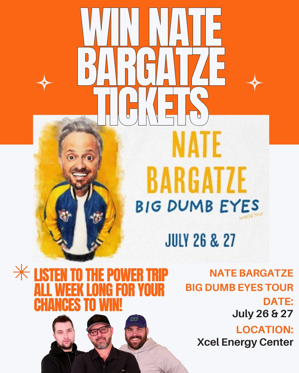 KFAN1003 (@kfan1003) on Twitter photo 🎧LISTEN to the <a href="/PowerTripKFAN/">Power Trip KFAN</a> all week long for your chance to win tickets to see Nate Bargatze at <a href="/XcelEnergyCtr/">Xcel Energy Center</a> on July 27th! <a href="/iHeartRadio/">iHeartRadio</a> 🎧LISTEN to the <a href="/PowerTripKFAN/">Power Trip KFAN</a> all week long for your chance to win tickets to see Nate Bargatze at <a href="/XcelEnergyCtr/">Xcel Energy Center</a> on July 27th! <a href="/iHeartRadio/">iHeartRadio</a>