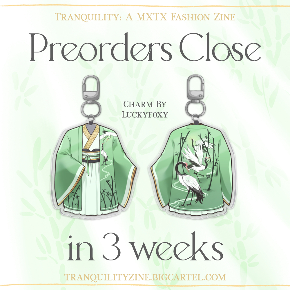 tranquilityzine's tweet image. 🌸 Preorders Close in 3 Weeks 🌸

Time flies when you're looking fly, that's why our preorder closing date is coming up fast! You now have 3 weeks left to get your hands on the merchandise!

🛍 tranquilityzine.bigcartel.com

📅 Closing July 31st

#MXTX #MDZS #TGCF #SVSSS