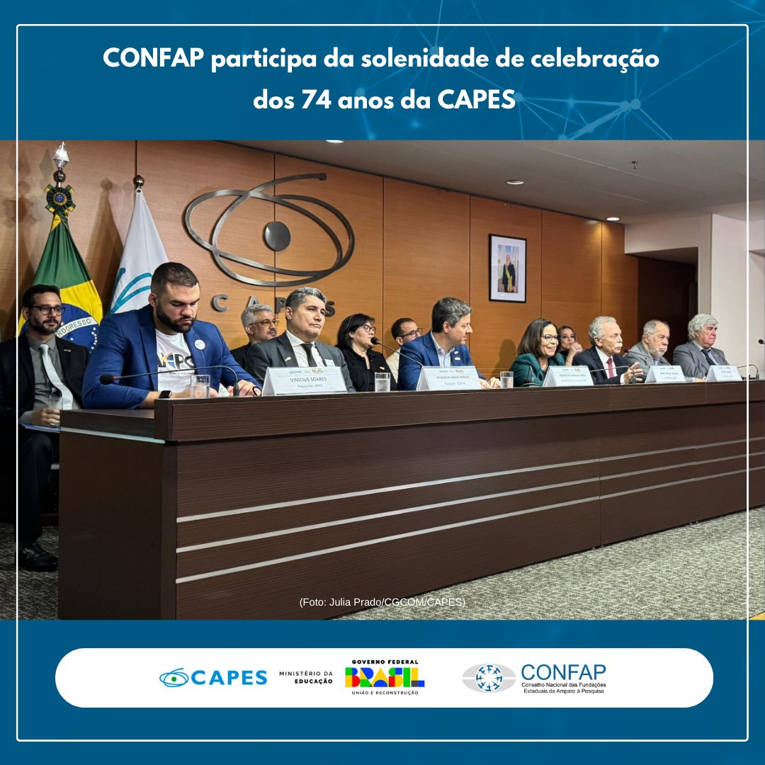 confapbr's tweet photo. Nesta sexta-feira (11), o presidente do CONFAP, Márcio de Araújo Pereira, participou, em Brasília, da solenidade em comemoração aos 74 anos da @CAPES_Oficial.
📺 Assista à íntegra da solenidade no canal da CAPES no YouTube: https://t.co/aQJnQpX495
#CONFAP
#CAPES74anos https://t.co/U5XO6w691g