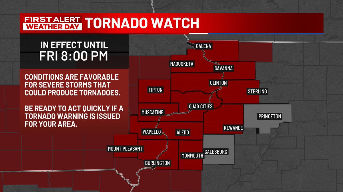 kwqcnews's tweet photo. TORNADO WATCH for most of the TV6 viewing area until 8 p.m. Damaging wind, isolated large hail and flash flooding will also be possible. Download the free KWQC First Alert Weather App for updates. https://t.co/jV9pzgp1yA