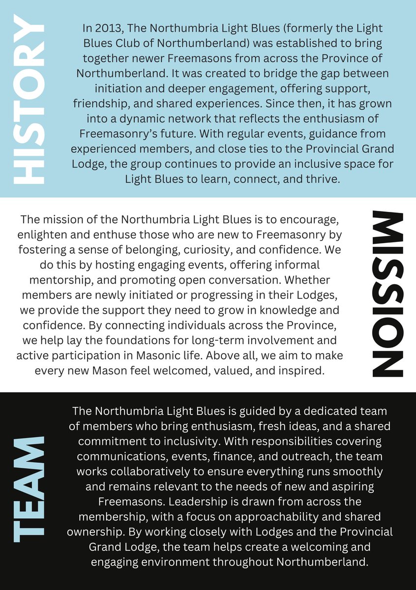 NlandLightBlues's tweet photo. 👋 New to Freemasonry in Northumberland?
Discover events, support &amp; a welcoming network with the Northumberland Light Blues 💡🔵
Get involved today ⬇️
🌐 https://t.co/EnnuVqn4a3
📩 hello@northumberlandlightblues.org
#Freemasonry #LightBlues https://t.co/ICx1rcaX8C