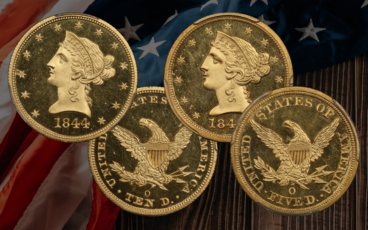 ANACoins's tweet image. For the first time in a century, the only known 1844 $5 &amp;amp; $10 Proof Gold coins minted in New Orleans reunite at the 2025 #WorldsFairofMoney! Learn more: bit.ly/4eGX3zv #RareCoins #Numismatics #ANA #GoldCoins #EliteCollection #GreatCollections