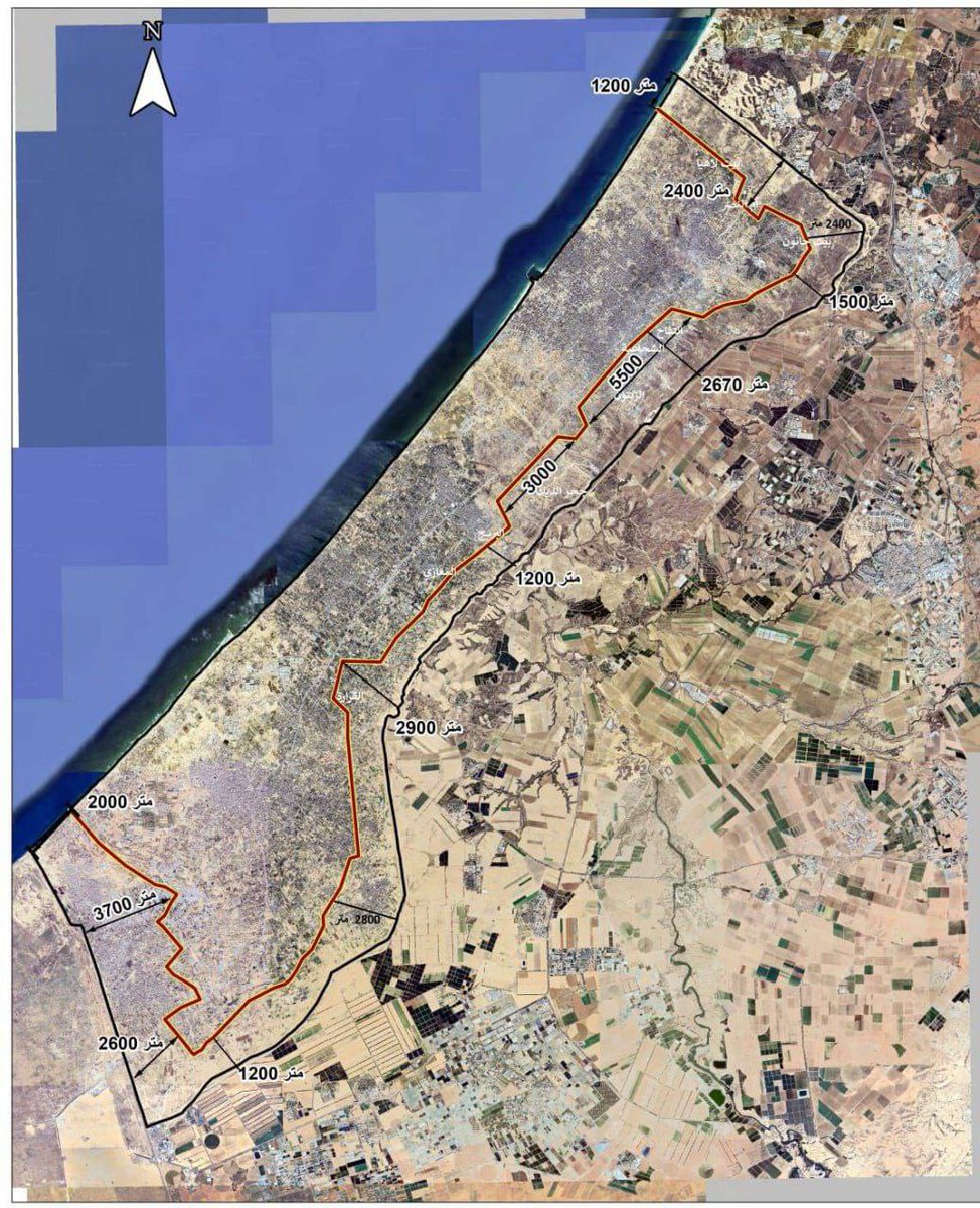 Al Jazeera has published maps allegedly presented by Israel in hostage-deal negotiations, showing areas Israel demands to maintain under its control during a ceasefire. These include most of Rafah (planned as a humanitarian zone), a wide buffer zone surrounding Gaza, larger than