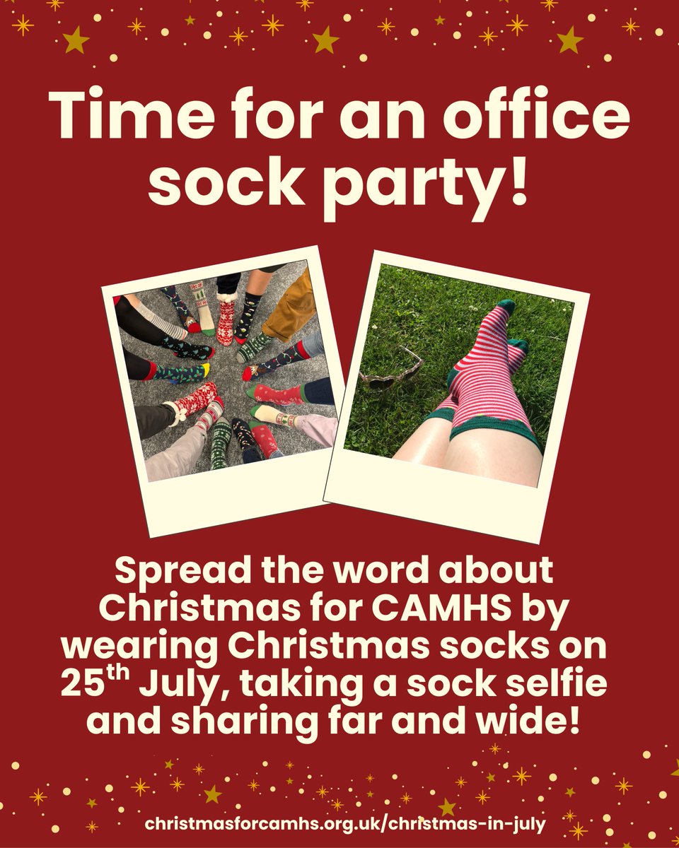 Xmas4CAMHS's tweet image. Got a touch of the Sunday blues and need something fun to look forward to? Why not plan a Christmas Sock Day at work on the 25th July to spread the word about Christmas For CAMHS (and to celebrate Christmas in July)? We love seeing office Christmas sock selfies!