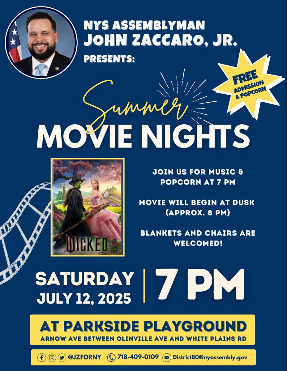 🚨Happening Tomorrow🚨

We’re bringing Wicked to Parkside Playground for a magical Summer Movie Night! 

🎶 Music + FREE popcorn start at 7PM
🎬 Movie begins approx. 8-830PM

See you there!

📍 Check the flyer for details.