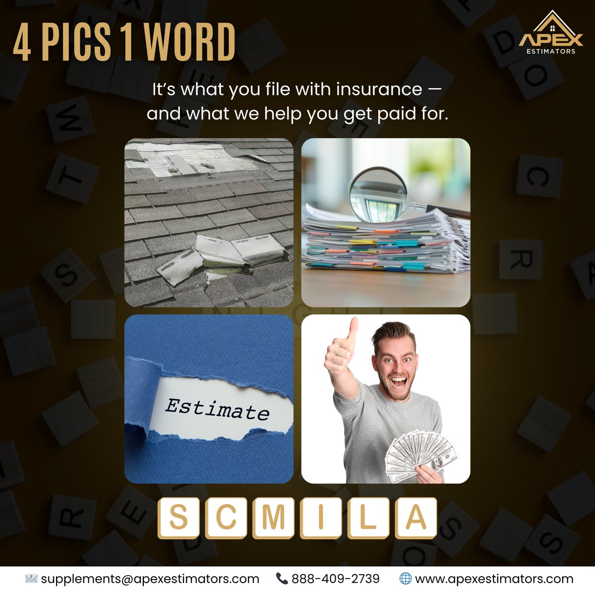 apexestimators's tweet image. Fun Friday Challenge! Put your roofing brain to the test.
Can you guess the 1 word that connects all 4 pics?

Drop your answer in the comments below! ⬇️
Let’s see who gets it right first!

#FunFriday #RoofingGame #ApexEstimators #4Pics1Word #RoofingLife #ContractorChallenge