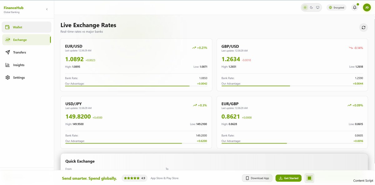wahyuuprygg's tweet image. FinanceHub is a modern banking dashboard that demonstrates my skills in building premium web applications with React 18, TypeScript, and Tailwind CSS. It features multi-currency wallet management,
#typscript #reactjs #Web3Dev