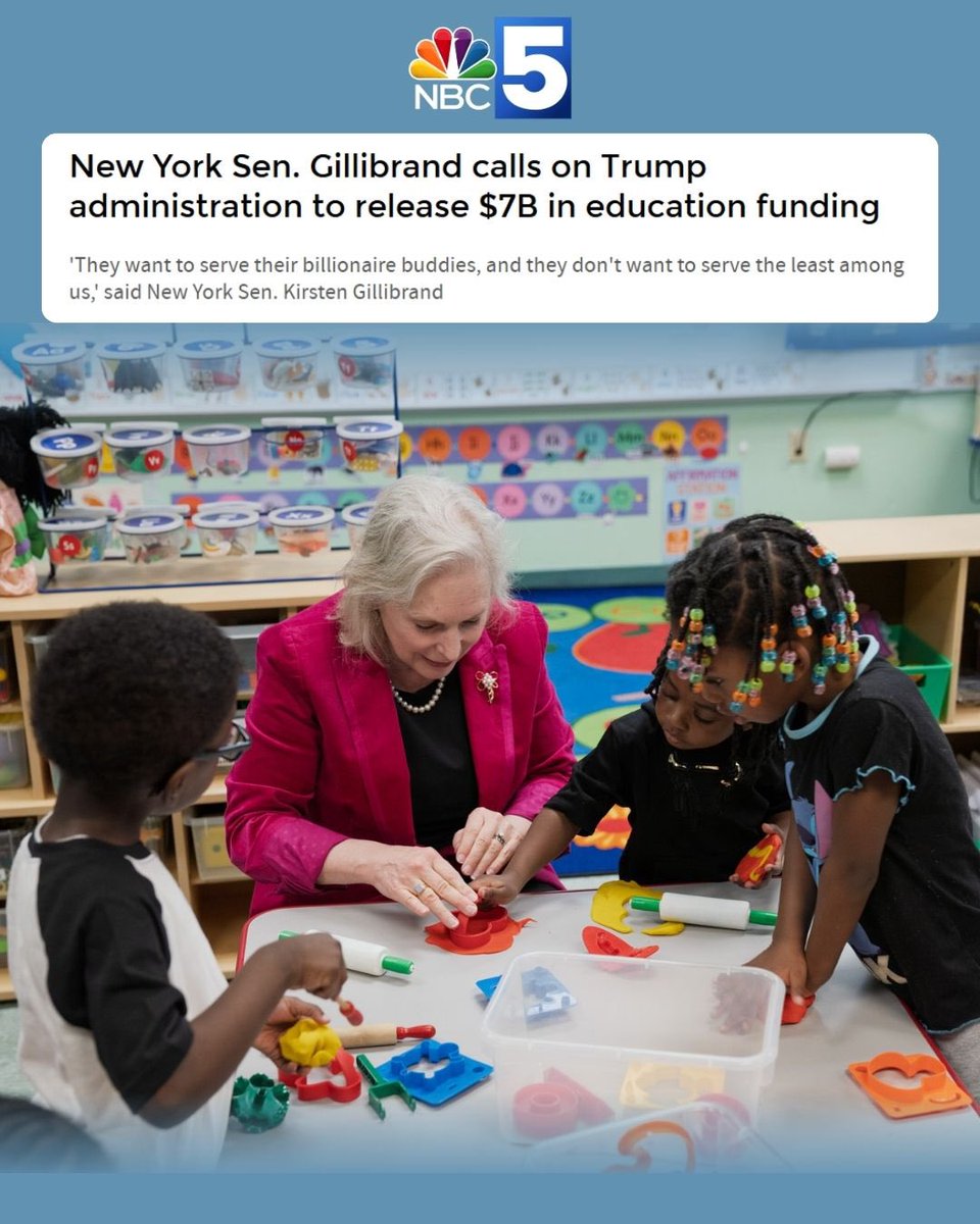 Sen. Kirsten Gillibrand (@gillibrandny) on Twitter photo The Trump administration's withholding of $7 billion of education funding is disgraceful. We need a government that works to support students, not steal from them.
ย
I'll keep holding <a href="/POTUS/">President Donald J. Trump</a>' feet to the fire until our students, families, and teachers get the money they are owed. The Trump administration's withholding of $7 billion of education funding is disgraceful. We need a government that works to support students, not steal from them.
ย
I'll keep holding <a href="/POTUS/">President Donald J. Trump</a>' feet to the fire until our students, families, and teachers get the money they are owed.