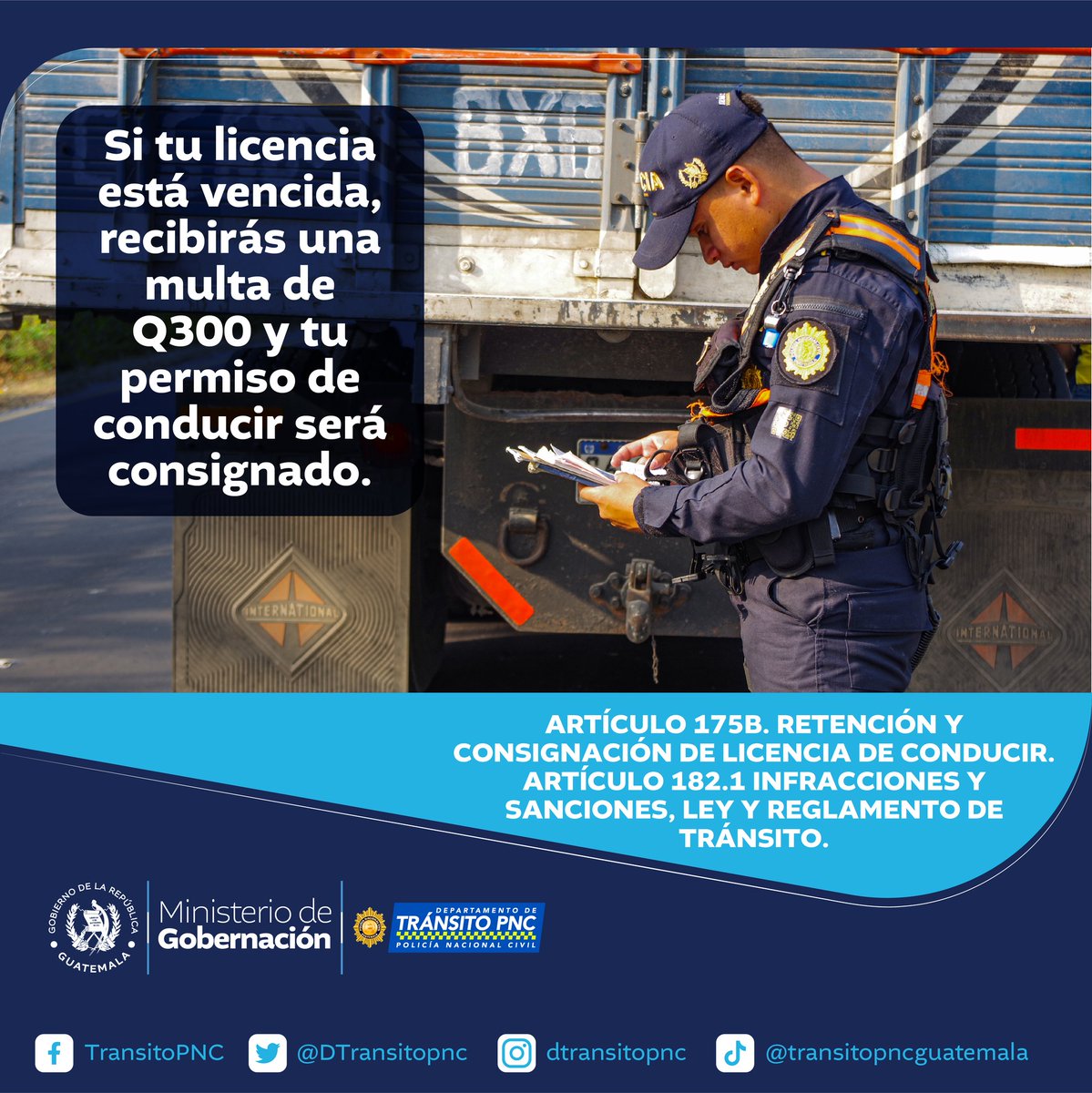 DTransitoPNC's tweet photo. 🪪No olvides portar tu licencia de conducir vigente en todo momento. ¡Evita contratiempos y molestias! Conduce con responsabilidad.🚨
#TránsitoPNCenAcción #licencia #vencida #Guatemala https://t.co/DgDAkfKBHv