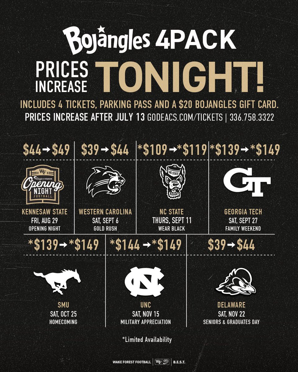 Wake Forest Demon Deacons (@demondeacons) on Twitter photo ๐จ Last chance to lock in current prices! Prices for 4-Packs and Mini Plans go up TONIGHT at 11:59 PM
Donโt miss your shot to save โ grab your seats NOW โฌ๏ธ
๐๏ธ: deacs.info/4lpmWq4 ๐จ Last chance to lock in current prices! Prices for 4-Packs and Mini Plans go up TONIGHT at 11:59 PM
Donโt miss your shot to save โ grab your seats NOW โฌ๏ธ
๐๏ธ: deacs.info/4lpmWq4