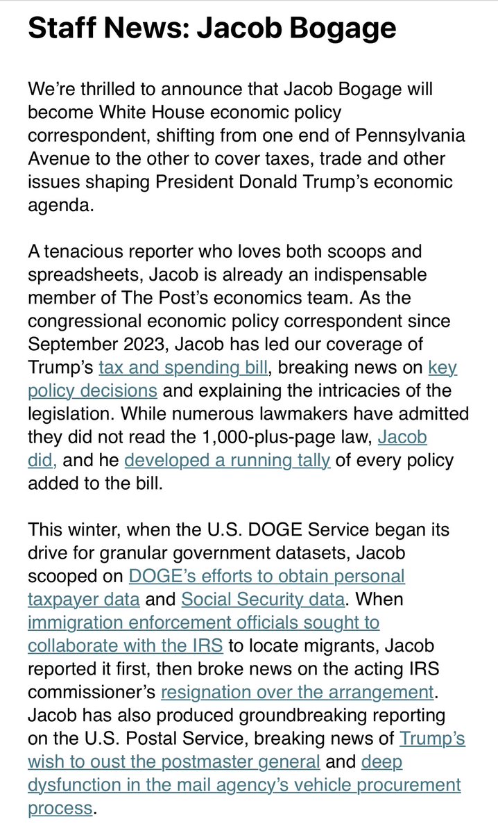 jacobbogage's tweet image. Some *very* fun @washingtonpost news:
I’m moving to our White House economics beat! That’s covering taxes, spending, trade & more.
I loved my time in Congress and covering the GOP push through the “One Big Beautiful Bill.”
Now I get to cover how it will shape the nation.