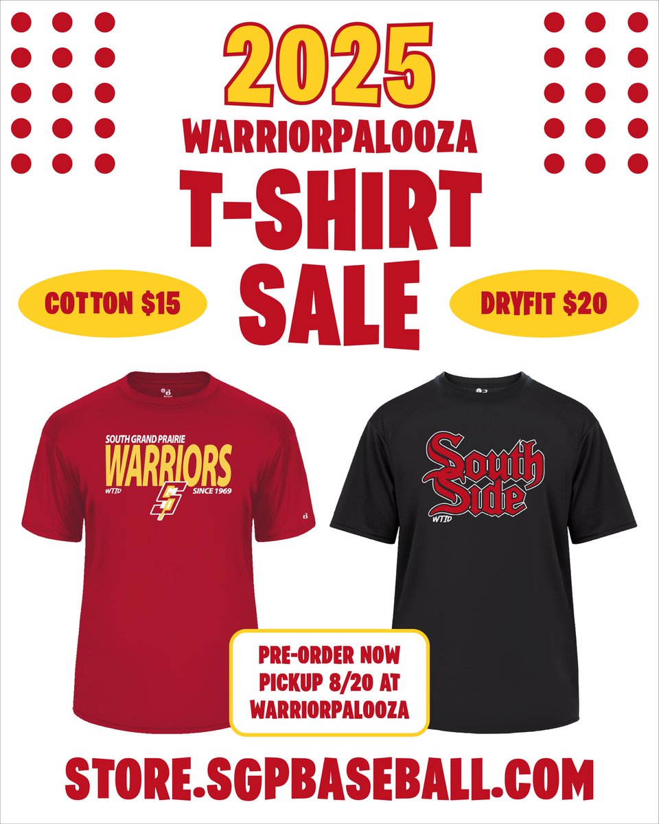 🚨NOW AVAILABLE🚨

Support the Warriors this Fall! Order this year’s #Warriorpalooza shirts today! This special presale will end on July 27th at 10pm. Shirts will be available for pickup on at our booth on August 20 at #Warriorpalooza.

Link: store.sgpbaseball.com