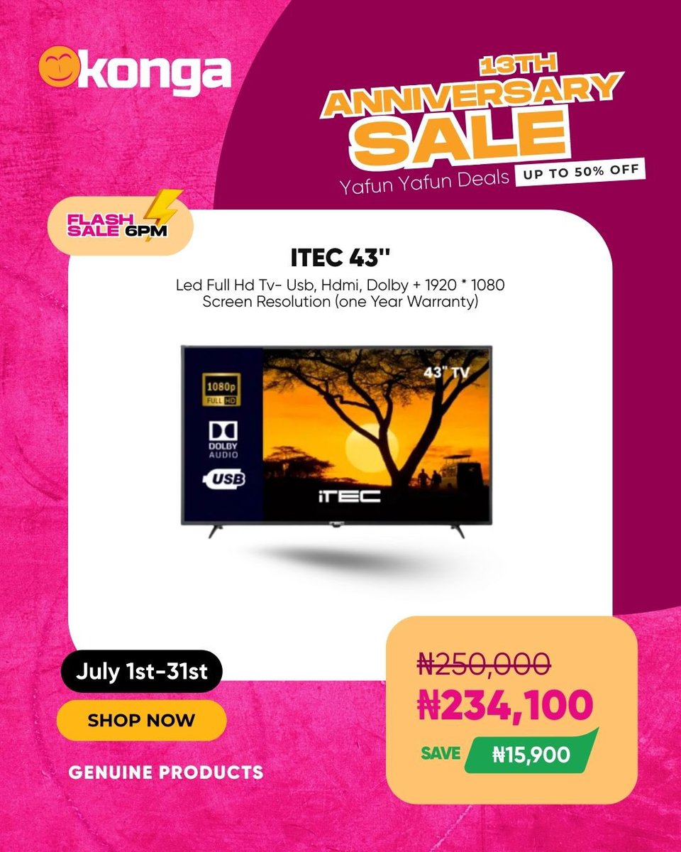 ShopKonga's tweet photo. β° Itβs 6PM β Flash Sale Time!
Hot deals just dropped and they wonβt last long! π₯ποΈ
Tap fast. Save big. Shop smart.
π Head to https://t.co/uHNLeVoymY or open the Konga App now!
#FlashSale #KongaAt13 #6PMDeals https://t.co/irtAgVvrbu
