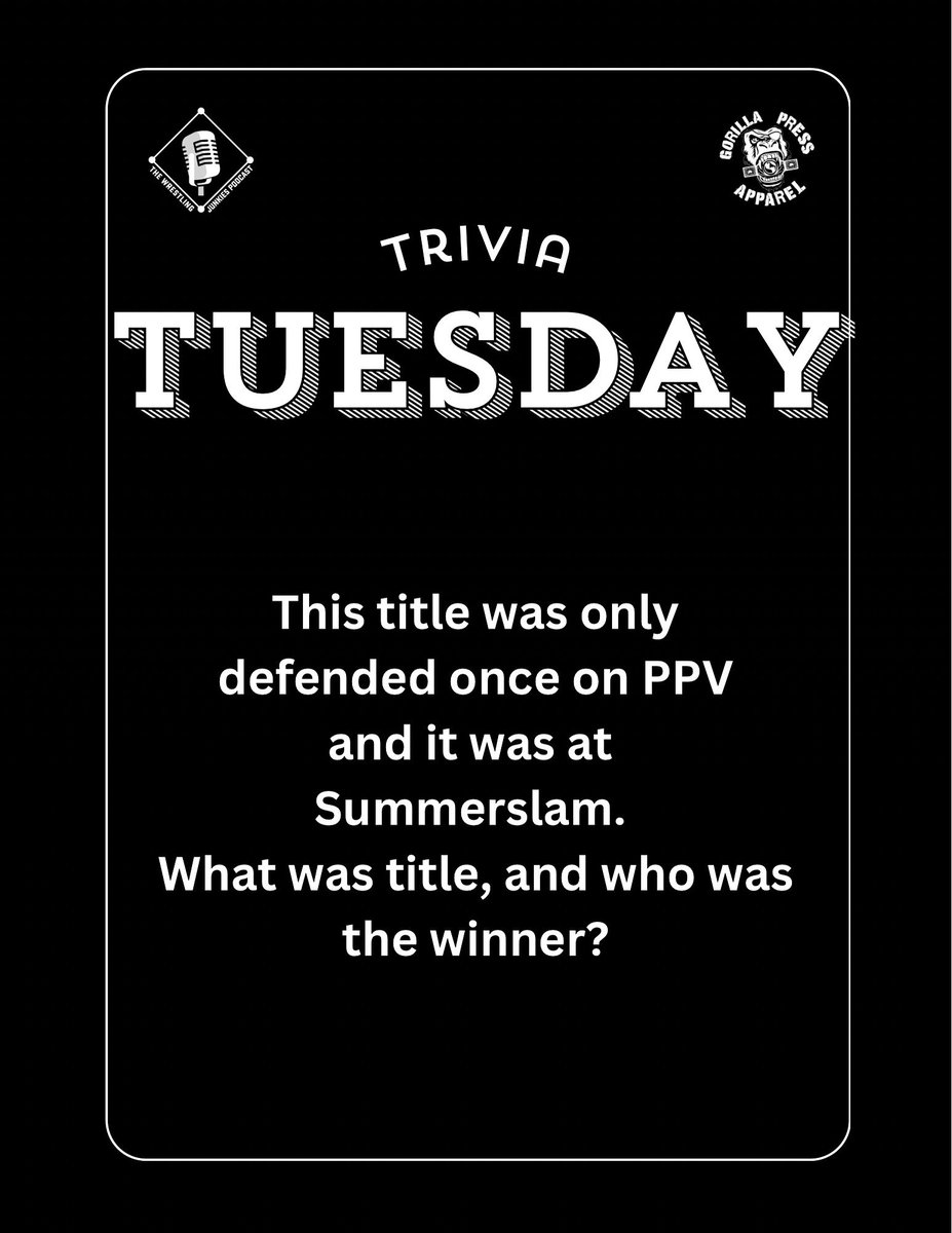 Congrats to <a href="/Samsonwrestlin/">Sam's on Wrestling</a> for winning #TriviaTuesday! 🎉 The correct answer: Million Dollar Championship defended at #SummerSlam—Virgil got the W! 💰

Thanks to <a href="/GorillaPressApp/">GorillaPressApparel</a>! New question drops next Tuesday! #WrestlingJunkies