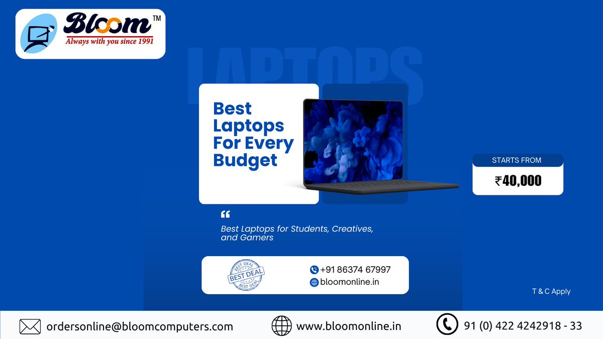 bloomcomputers's tweet image. 🎯 Looking for the best laptop that fits your budget?
🎨 Whether you&apos;re a student, creative, or gamer — we&apos;ve got the perfect pick for you!

💻 Laptops starting from just ₹40,000 with unbeatable deals and trusted support.

#LaptopDeals #BestLaptopOffers  #StudentLaptops