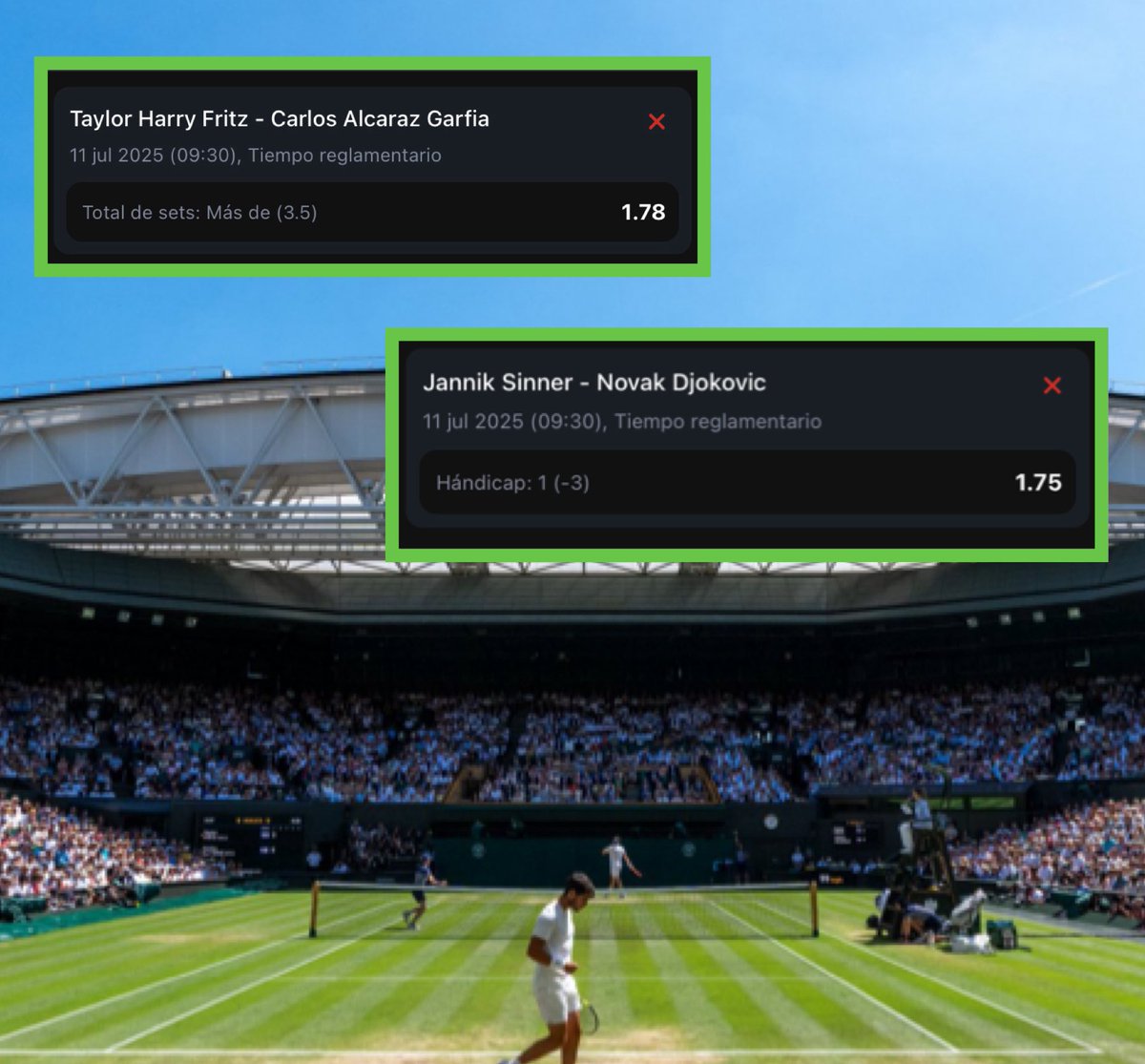 TenisLATAM_'s tweet image. 🏆 SEMIS WIMBLEDON

💰 Gran dia hoy 2/2 con las Semifinales de #Wimbledon , confiamos en la firmeza de Fritz y Sinner

⭐️ Se viene la Final mas esperada Sinner vs Alcaraz, y en el canal tendremos pronosticos… Te los vas a perder!?

#TennisPicks #Wimbledon2025