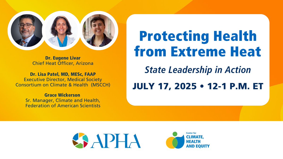 Extreme heat is deadly — and it’s getting worse. Join APHA on Thursday, July 17, for a free discussion on how states can lead the way in protecting communities from rising temperatures apha.org/events-and-mee… #ClimateChangesHealth
