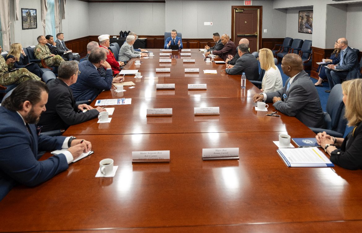 SecDef's tweet image. Great discussion today with MSO/VSO leaders about restoring the warrior ethos in our ranks.
We are refocusing on readiness, standards, accountability, meritocracy, and supporting our military families.
Their important work is vital to our mission.