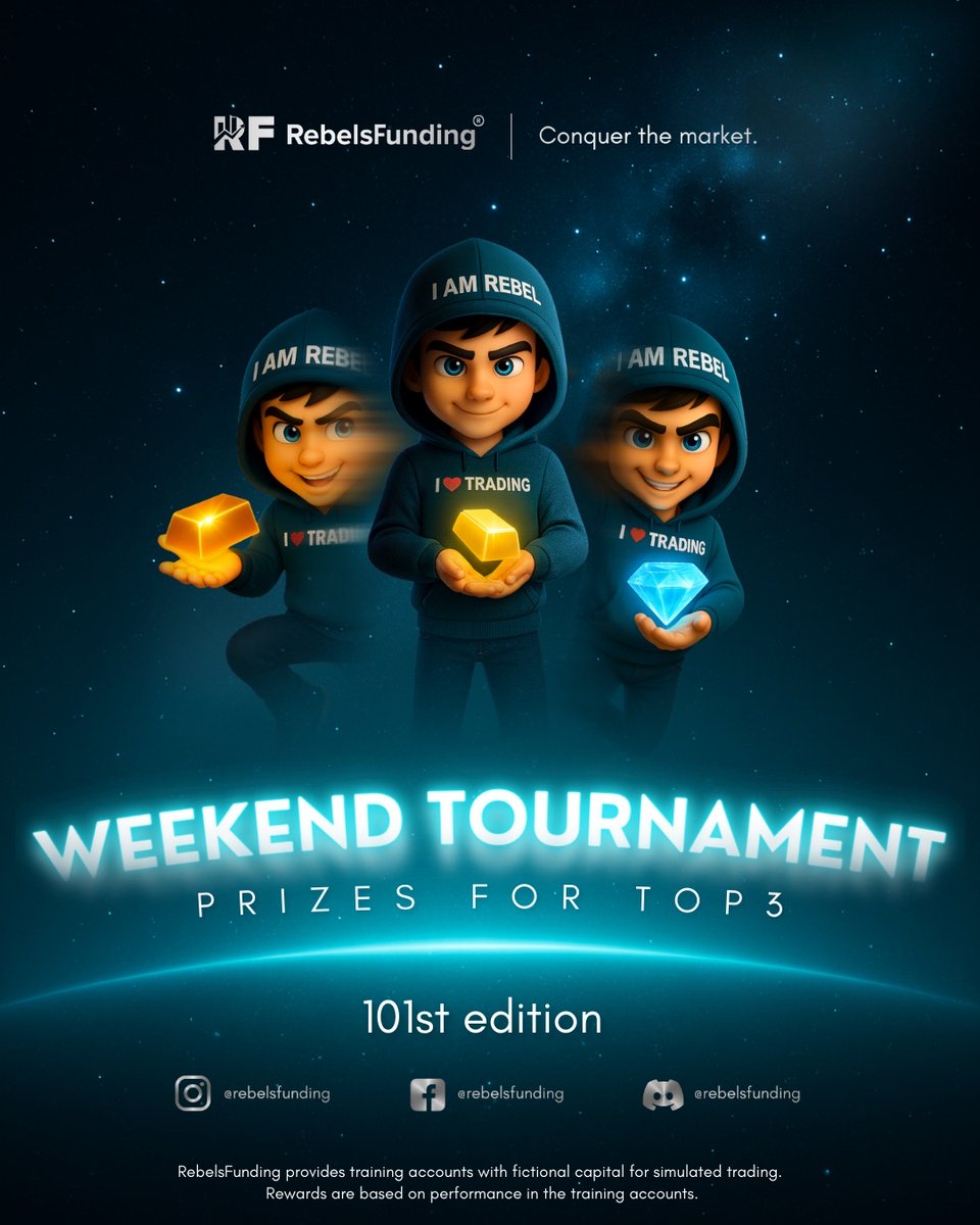 rebelsfunding's tweet photo. Hello Rebels 

We hope you're having an awesome trading day!

Registration for 101th Edition of the RebelFunding Weekend Tournament is Live!

Join our discord and register to secure your spot in the tournament.
Discord link: https://t.co/rQq6Xu4RqS

Your skills could earn you incredible rewards! The top performers will be rewarded with:

🥇First Place: $20,000 Copper Evaluation Account
🥈Second Place: $10,000 Copper Evaluation Account
🥉Third Place: $5,000 Copper Evaluation Account

So, gear up, register, and get ready to compete for these remarkable prizes!

Wishing y’all a fantastic trading day ahead! 

#Rebelsfunding #Rebelscommunity #propfirm #forextrader #community #weekendgames #forexsignals