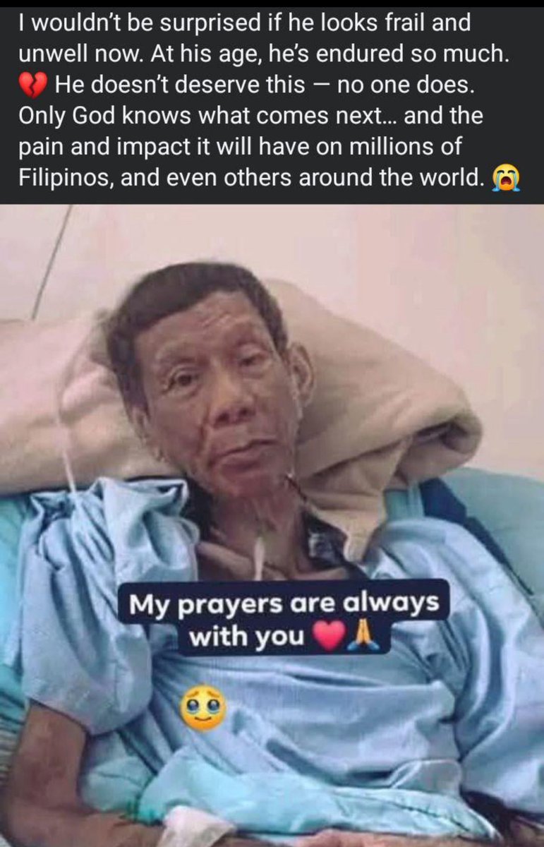V π³οΈβπ π³οΈββ§οΈ #StopPoliceBrutalityPH (@the_pearl_lover) on Twitter photo Dear <a href="/IntlCrimCourt/">Int'l Criminal Court</a>,
Diehard Duterte Supporters are disseminating fake news again. This AI generated photo of Rodrigo Roa Duterte is making rounds in Philippine social media implying that ICC is treating him badly with no access to proper medical care.
Kindly prove them wrong! Dear <a href="/IntlCrimCourt/">Int'l Criminal Court</a>,
Diehard Duterte Supporters are disseminating fake news again. This AI generated photo of Rodrigo Roa Duterte is making rounds in Philippine social media implying that ICC is treating him badly with no access to proper medical care.
Kindly prove them wrong!