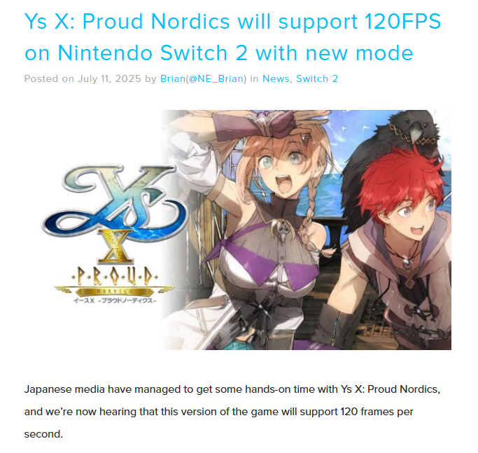 PlayerEssence's tweet photo. Ys X: Proud Nordics runs at 120fps on Nintendo Switch 2. Pretty big jump over the capped 30fps w/ dips on Switch 1! via Nintendo Everything https://t.co/EipiuCyZz0
