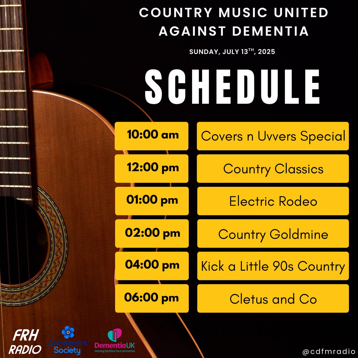 This Sunday, July 13th, we’re dedicating the day to great country music and a great cause. Together with @frhradio, we will be raising funds for those affected by dementia! 🎶💜