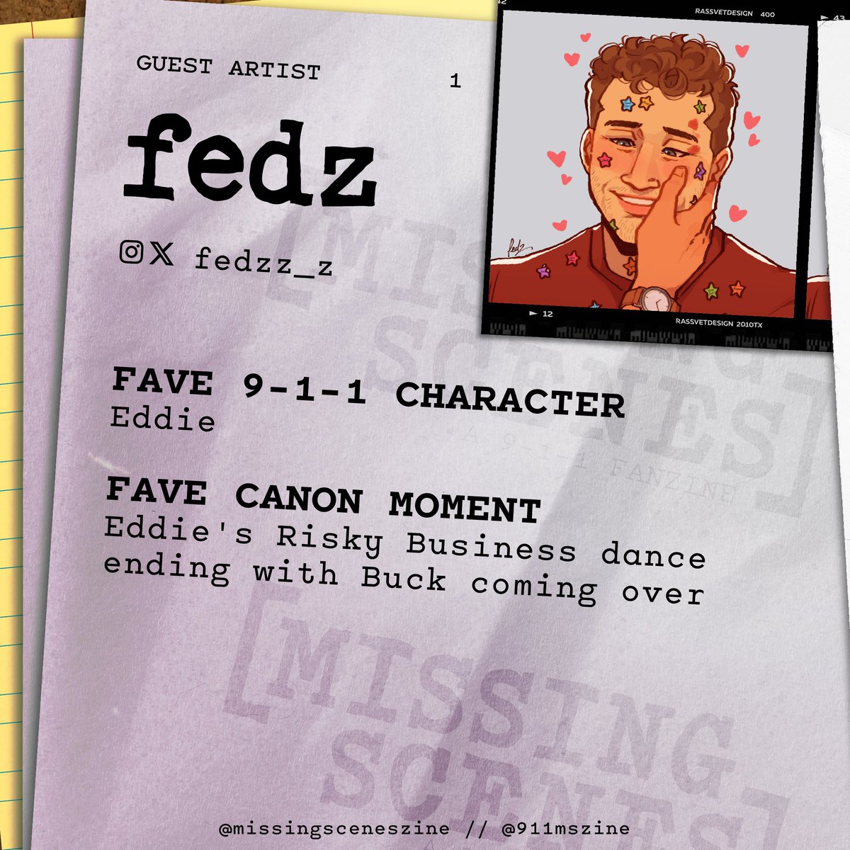 911MSZine's tweet image. Time for Guest Roll Call! First up: @fedzz_z as a page artist! They are also on insta with the same handle.
Just under two weeks left to submit applications!
🔥 ARTIST: forms.gle/uy2dtcDvMFCBWx…
🔥 WRITER: forms.gle/GesZvq954WGx4Q…
🔥 INFO: missingscenes.carrd.co