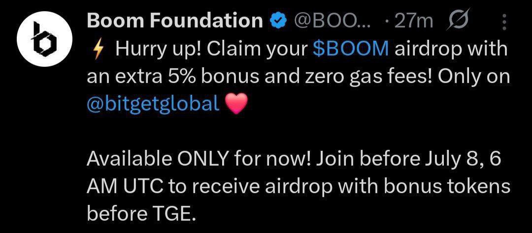 💟Claim Your $Boom Airdrop With 5℅ Extra
 
⤵️ Go Here : gamerboom.org
✅Submit Bitget Uid
✅Done
