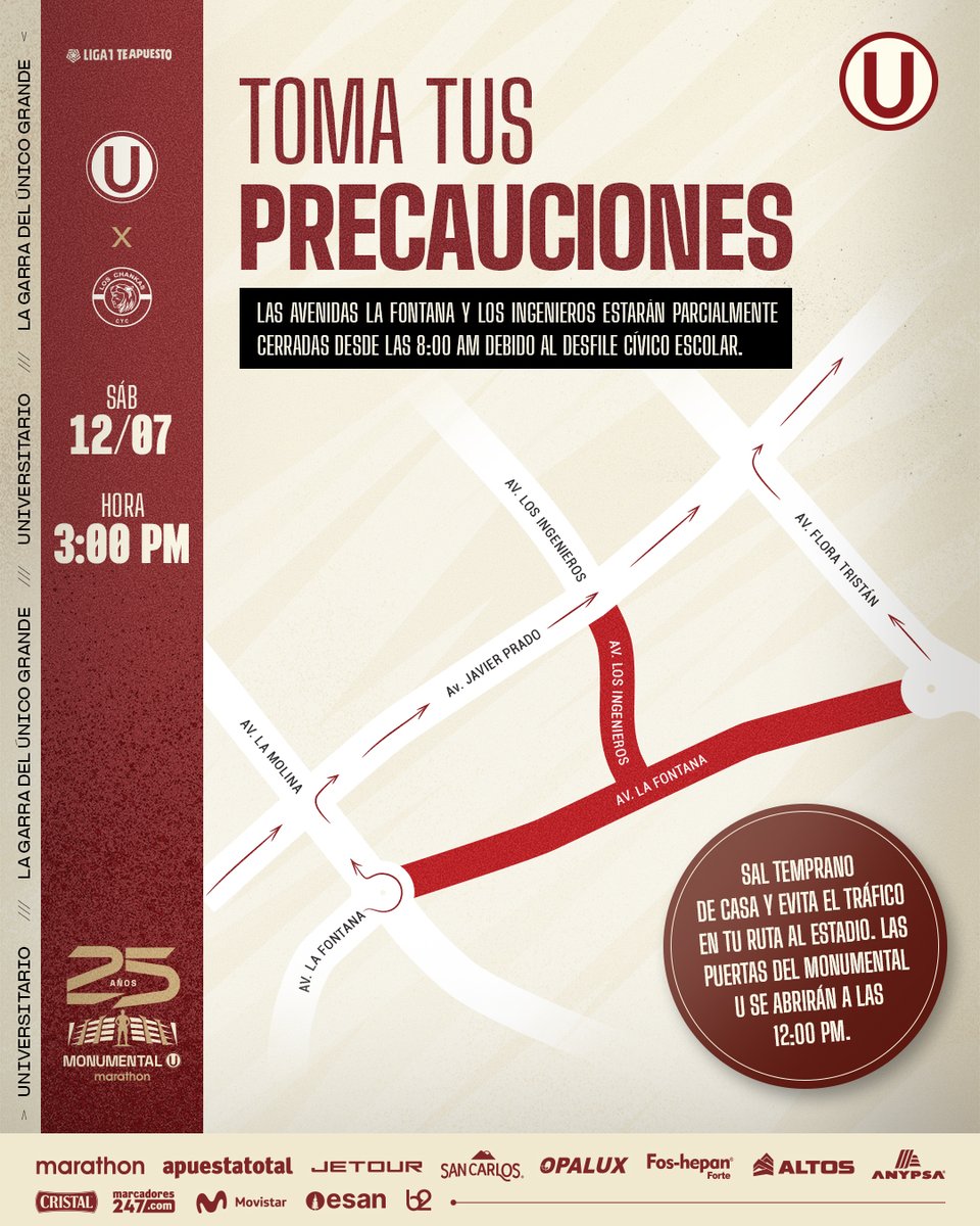 Universitario (@universitario) on Twitter photo 𝗔𝗧𝗘𝗡𝗖𝗜𝗢́𝗡, 𝗖𝗥𝗘𝗠𝗔 🚨
👉 Este sábado toma precauciones, sal temprano de casa y evita el tráfico rumbo al <a href="/Monumental_U_/">Estadio Monumental Ⓤ Marathon</a>.
👉 Recuerda que las avenidas La Fontana y Los Ingenieros estarán parcialmente cerradas debido al desfile cívico escolar.
👉 Las puertas de 𝗔𝗧𝗘𝗡𝗖𝗜𝗢́𝗡, 𝗖𝗥𝗘𝗠𝗔 🚨
👉 Este sábado toma precauciones, sal temprano de casa y evita el tráfico rumbo al <a href="/Monumental_U_/">Estadio Monumental Ⓤ Marathon</a>.
👉 Recuerda que las avenidas La Fontana y Los Ingenieros estarán parcialmente cerradas debido al desfile cívico escolar.
👉 Las puertas de